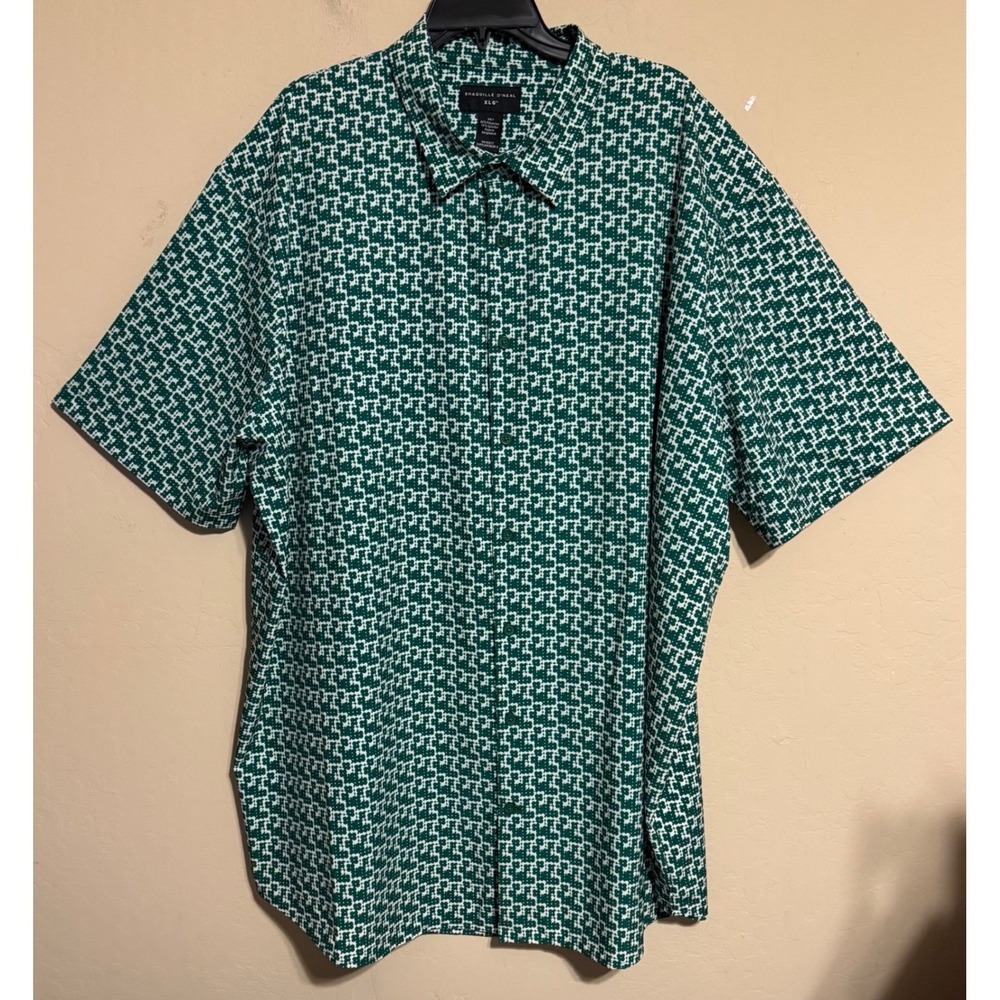 Shaquille O'Neal XLG Shirt Men‎ 3XLT Green White Geometric Short Sleeve NEW